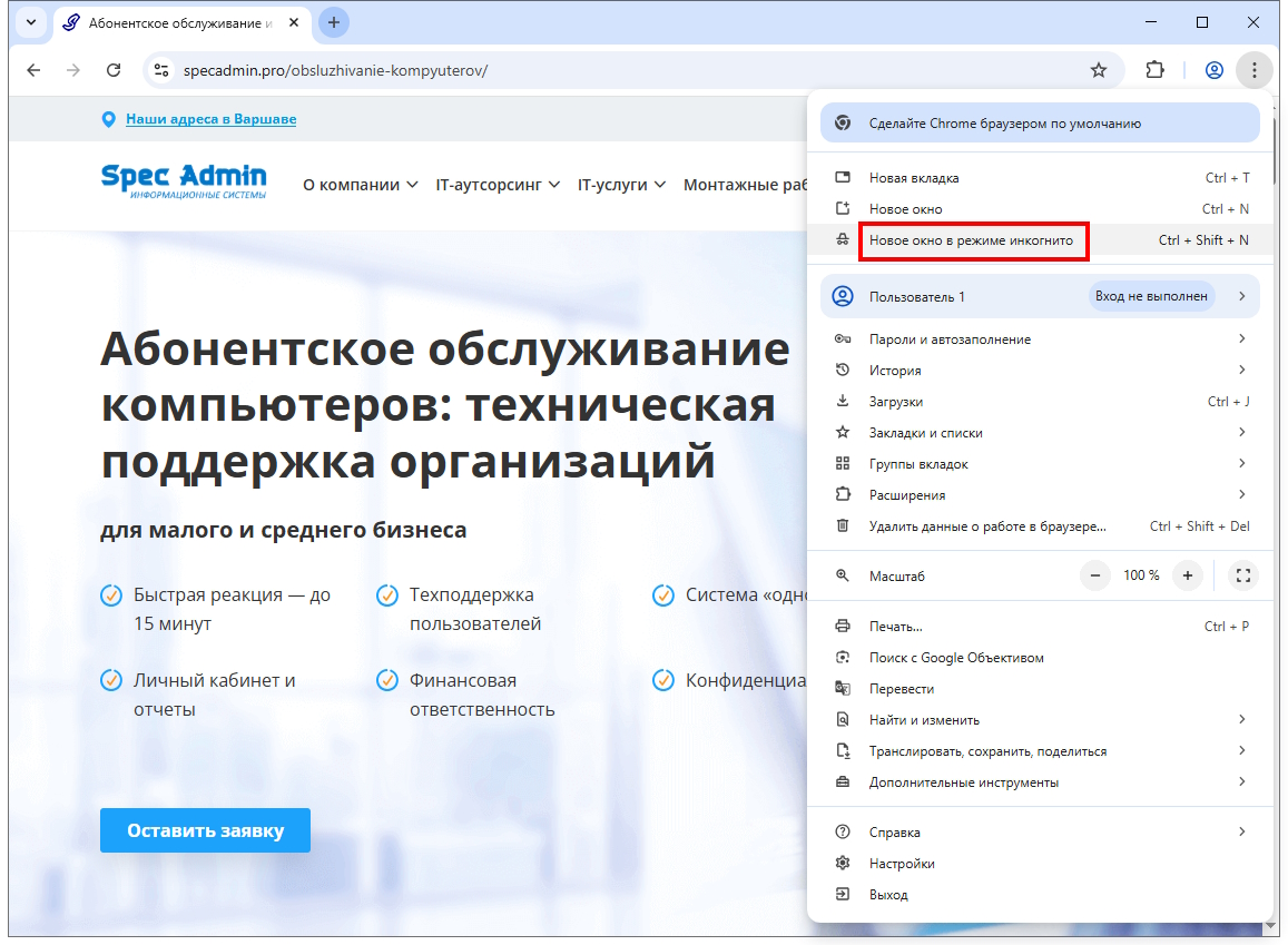 Окно браузера в режиме инкогнито