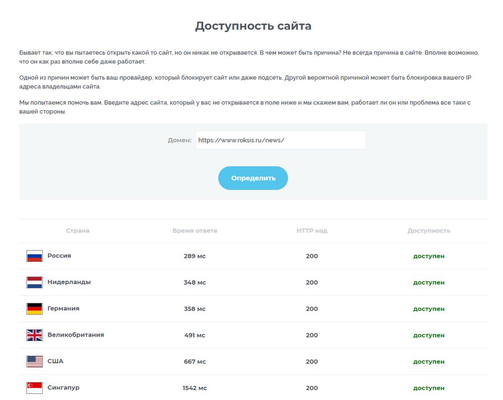 Скриншот сервиса «Доступность сайта»